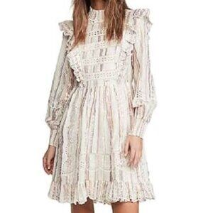 Sea New York Cream Metallic Striped Eyelet Ruffle Long Puff Sleeve Short Dress